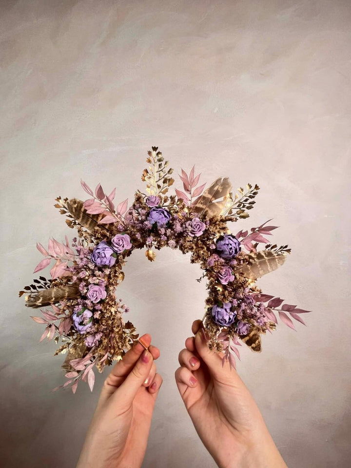 Boho Fall Flower Crown with Purple Flowers and Feathers – Statement Bridal Headpiece – handmade floral hair accessory by magaela