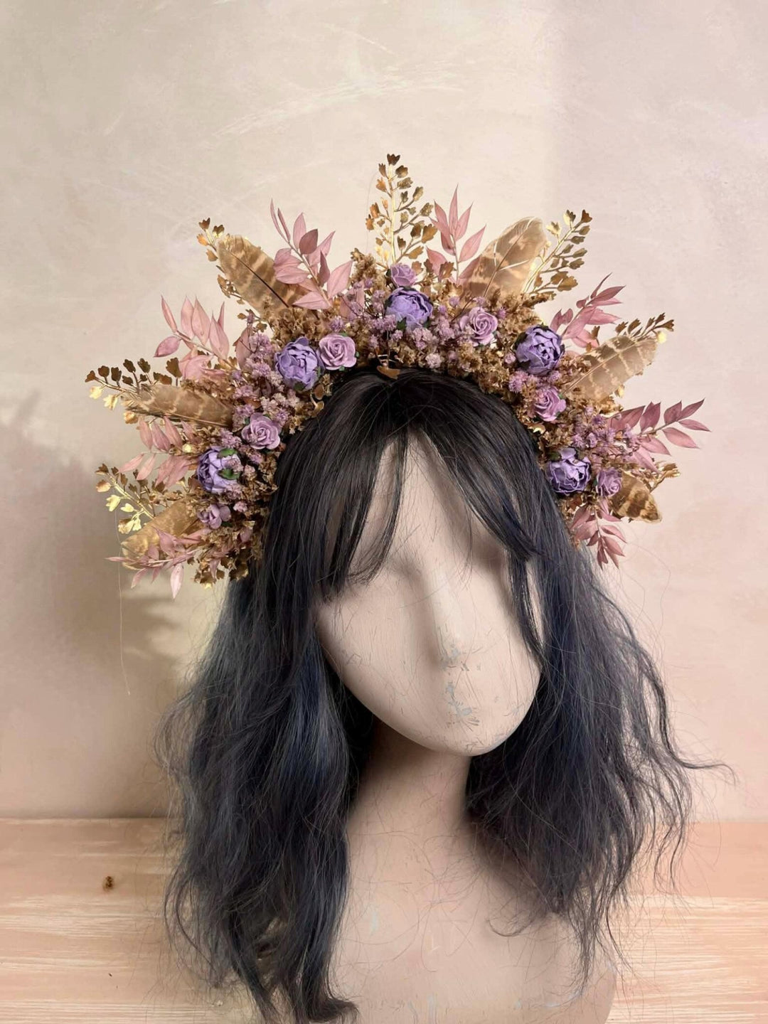 Boho Fall Flower Crown with Purple Flowers and Feathers – Statement Bridal Headpiece – handmade floral hair accessory by magaela