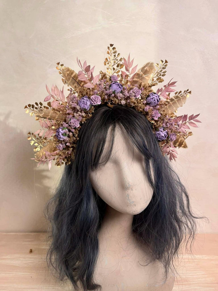 Boho Fall Flower Crown with Purple Flowers and Feathers – Statement Bridal Headpiece – handmade floral hair accessory by magaela