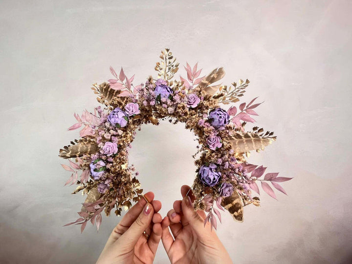 Boho Fall Flower Crown with Purple Flowers and Feathers – Statement Bridal Headpiece – handmade floral hair accessory by magaela