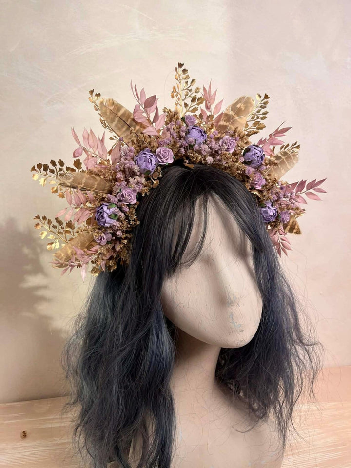 Boho Fall Flower Crown with Purple Flowers and Feathers – Statement Bridal Headpiece – handmade floral hair accessory by magaela