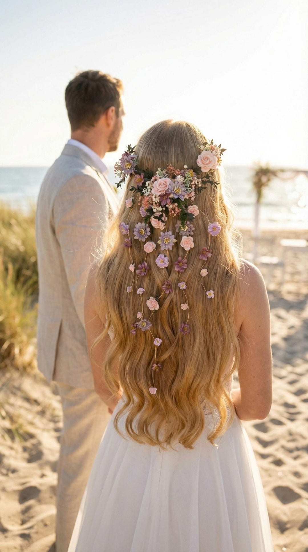 Boho Beach Wedding Hair Vine with Floral Veil, Romantic Bridal Headpiece, Floral Hair Accessories, Destination Wedding Headpiece – handmade floral hair accessory by magaela