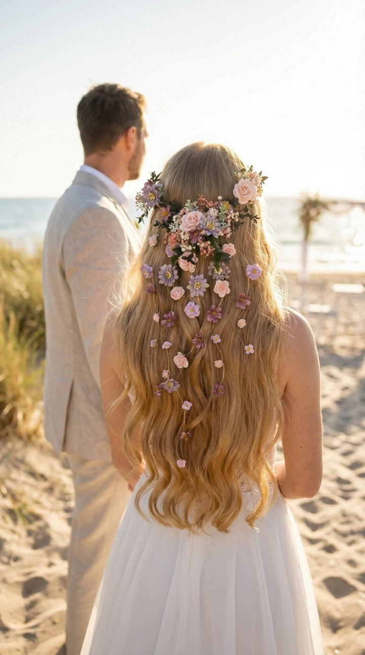 Boho Beach Wedding Hair Vine with Floral Veil, Romantic Bridal Headpiece, Floral Hair Accessories, Destination Wedding Headpiece – handmade floral hair accessory by magaela