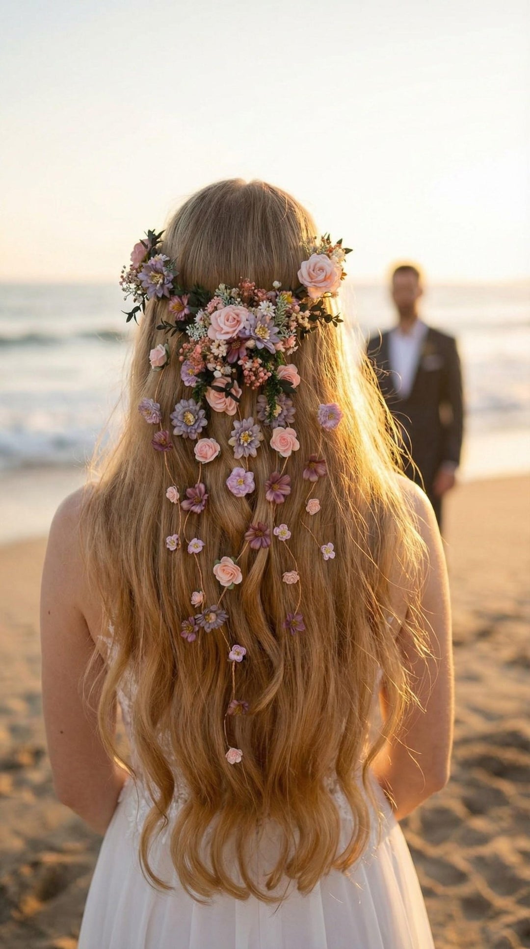 Boho Beach Wedding Hair Vine with Floral Veil, Romantic Bridal Headpiece, Floral Hair Accessories, Destination Wedding Headpiece – handmade floral hair accessory by magaela