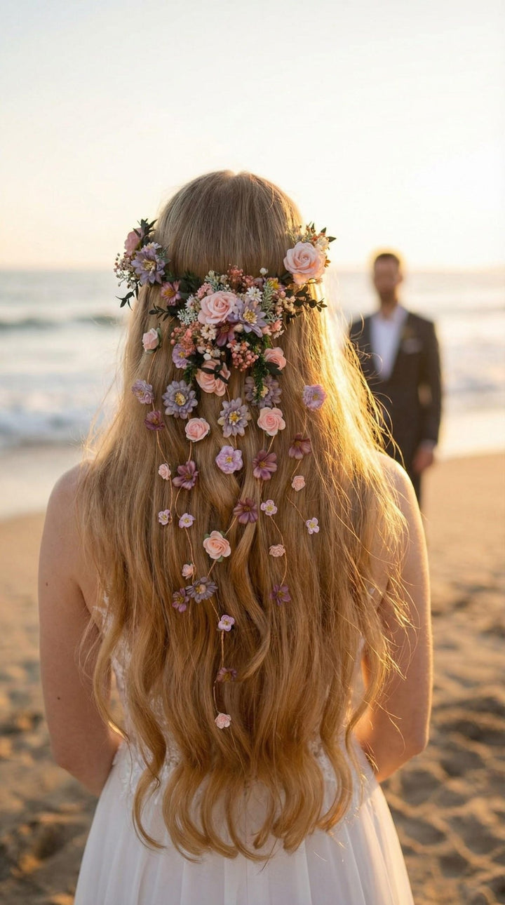 Boho Beach Wedding Hair Vine with Floral Veil, Romantic Bridal Headpiece, Floral Hair Accessories, Destination Wedding Headpiece – handmade floral hair accessory by magaela