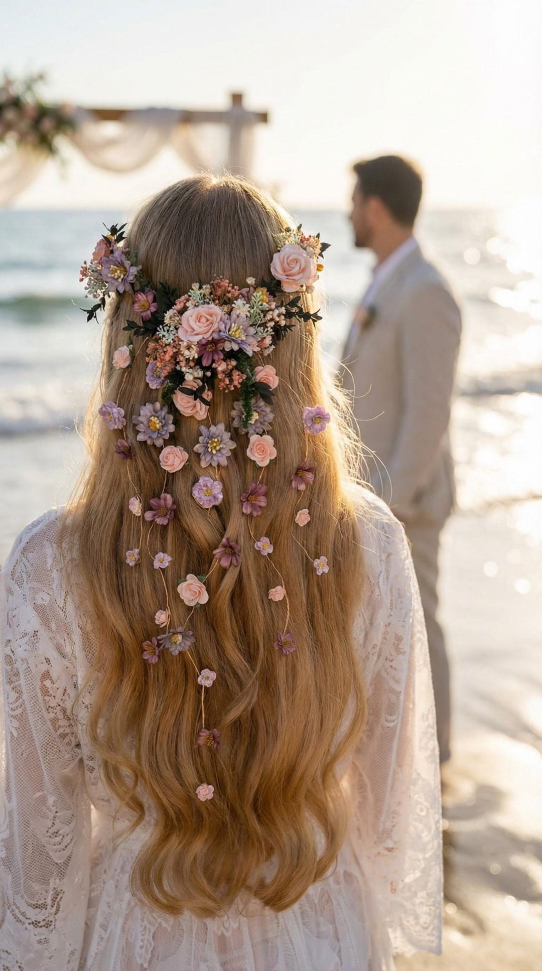 Boho Beach Wedding Hair Vine with Floral Veil, Romantic Bridal Headpiece, Floral Hair Accessories, Destination Wedding Headpiece – handmade floral hair accessory by magaela