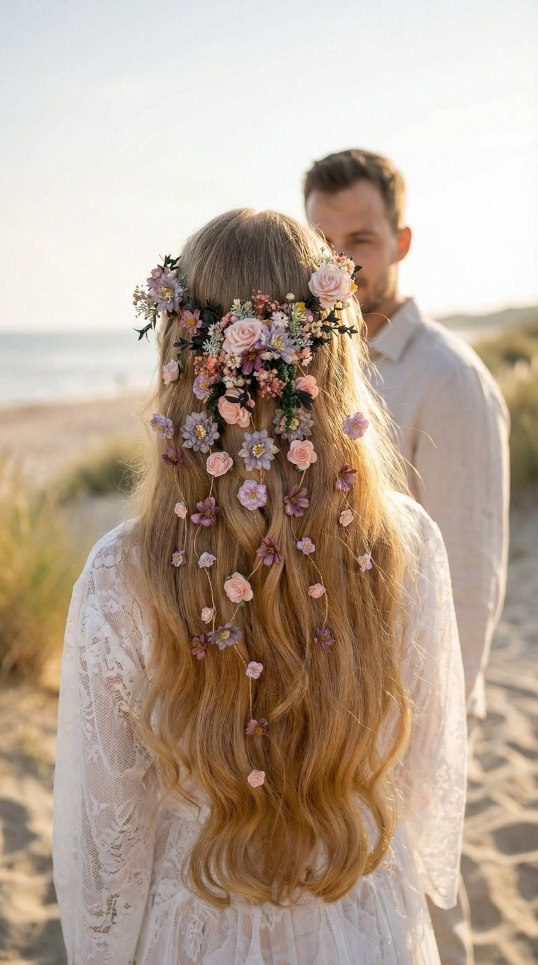 Boho Beach Wedding Hair Vine with Floral Veil, Romantic Bridal Headpiece, Floral Hair Accessories, Destination Wedding Headpiece – handmade floral hair accessory by magaela