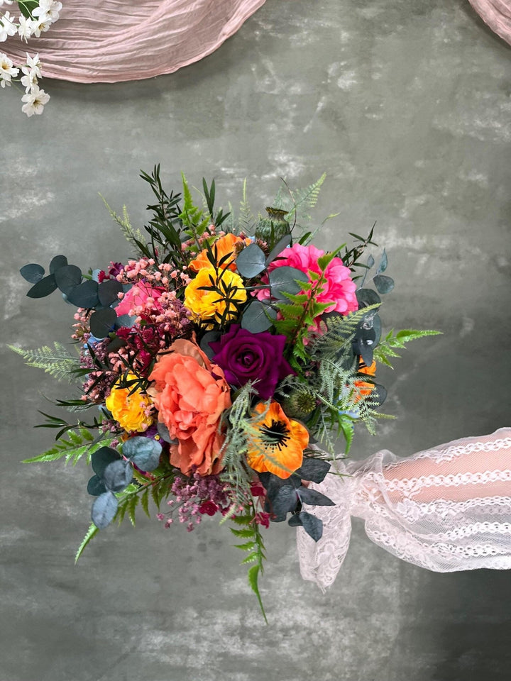 Frida Bridal Bouquet Set – Colorful Boho Wedding Flowers, Bridesmaid Bouquets, Boutonniere, Floral Belt – handmade floral hair accessory by magaela