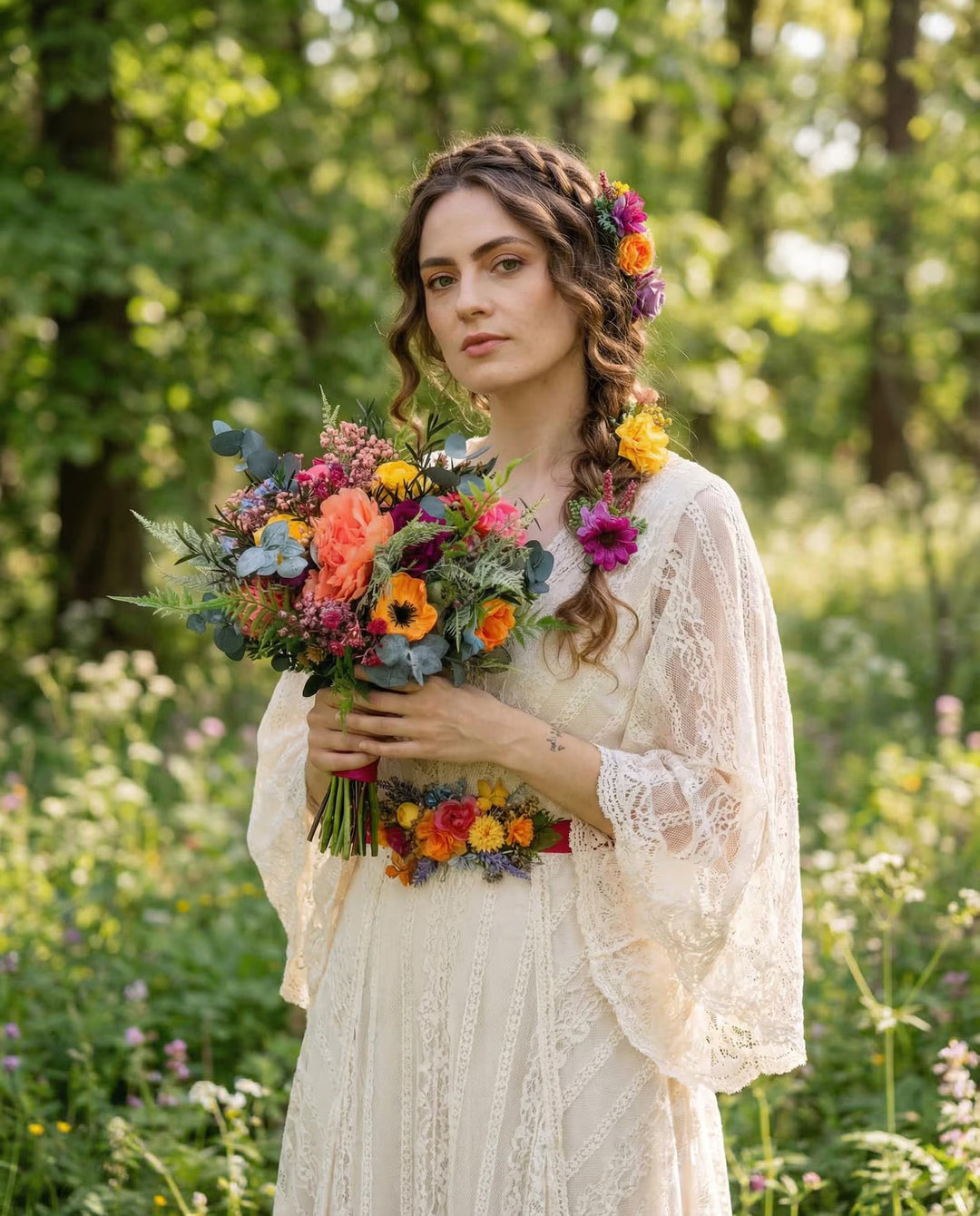 Frida Bridal Bouquet Set – Colorful Boho Wedding Flowers, Bridesmaid Bouquets, Boutonniere, Floral Belt