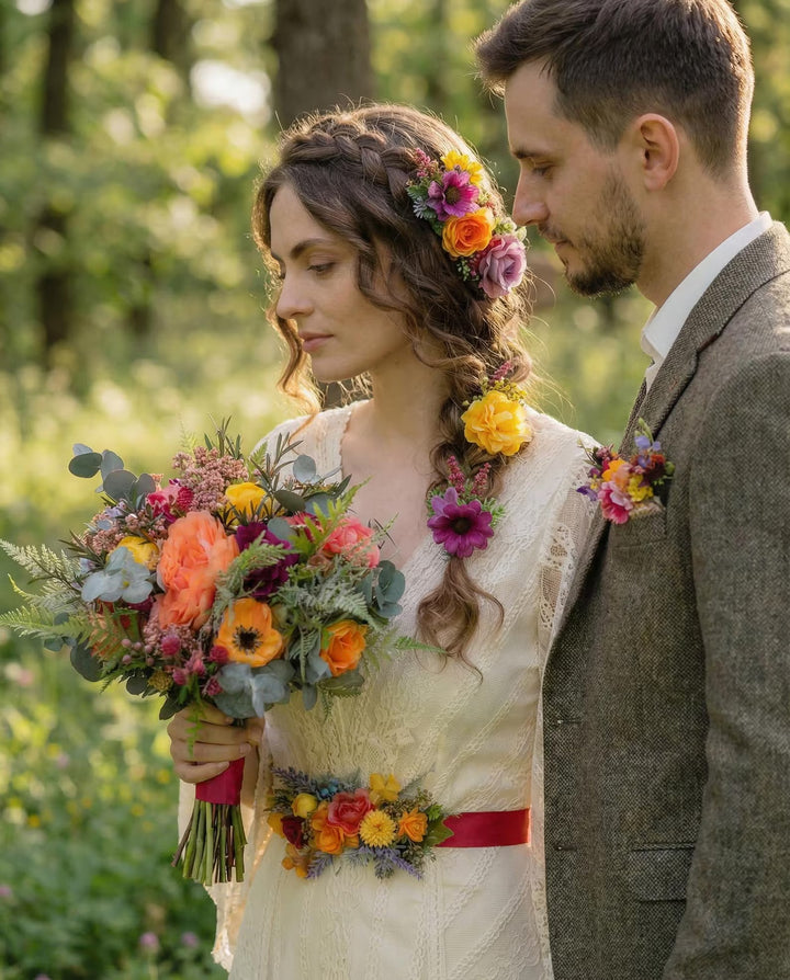 Frida Bridal Bouquet Set – Colorful Boho Wedding Flowers, Bridesmaid Bouquets, Boutonniere, Floral Belt