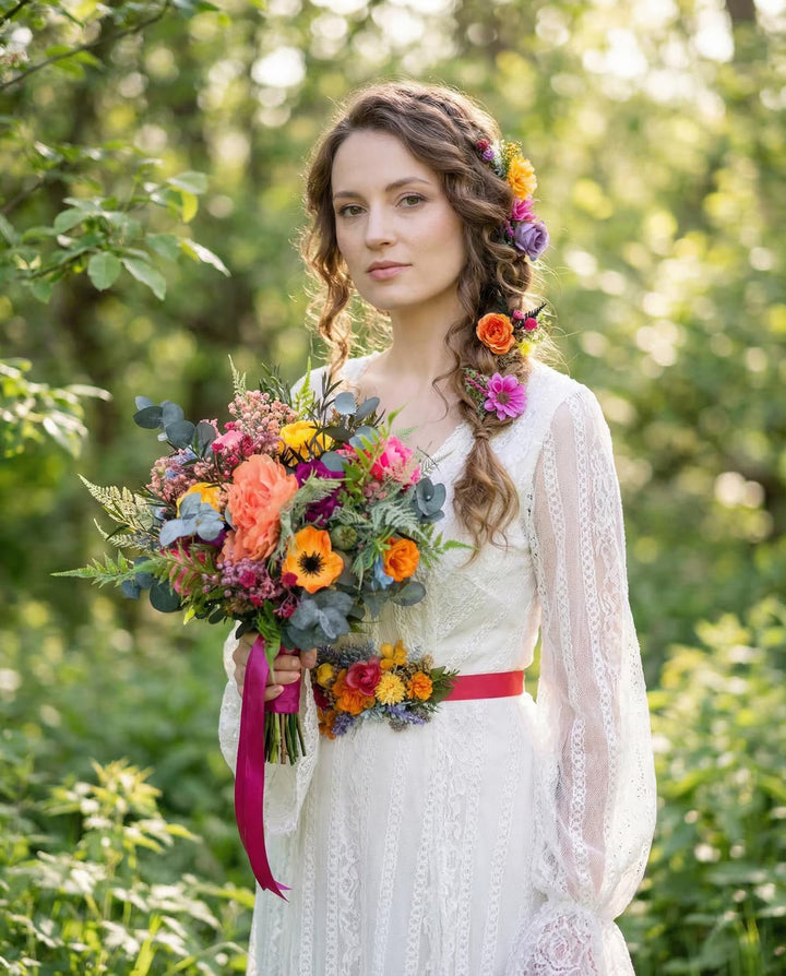 Frida Bridal Bouquet Set – Colorful Boho Wedding Flowers, Bridesmaid Bouquets, Boutonniere, Floral Belt