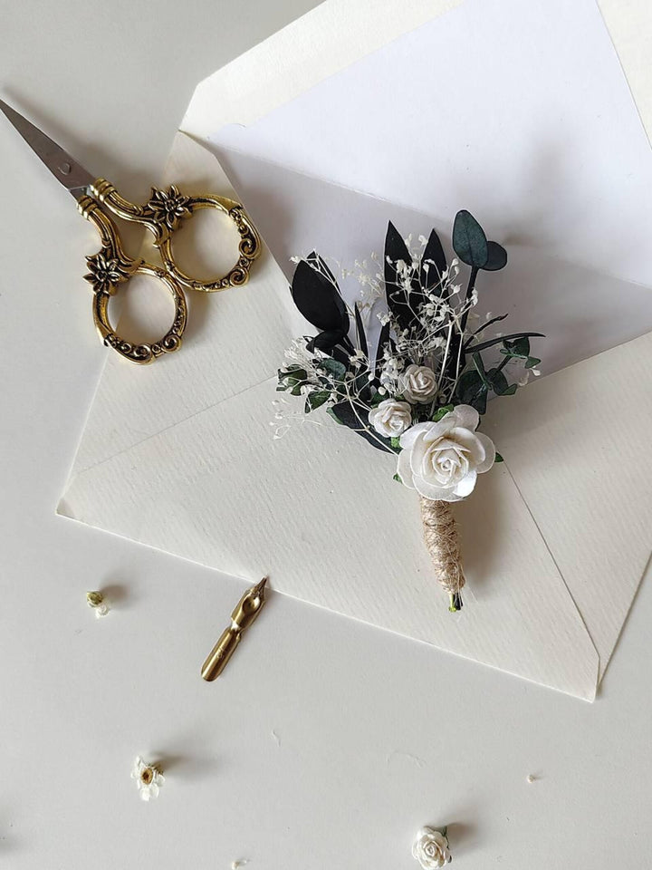 White Greenery Eucalyptus Bridal Set – Bouquet, Bridesmaid Bouquet, Hair Combs, Boutonnieres, Flower Crowns, Headband, Bracelet and Belt – handmade floral hair accessory by magaela