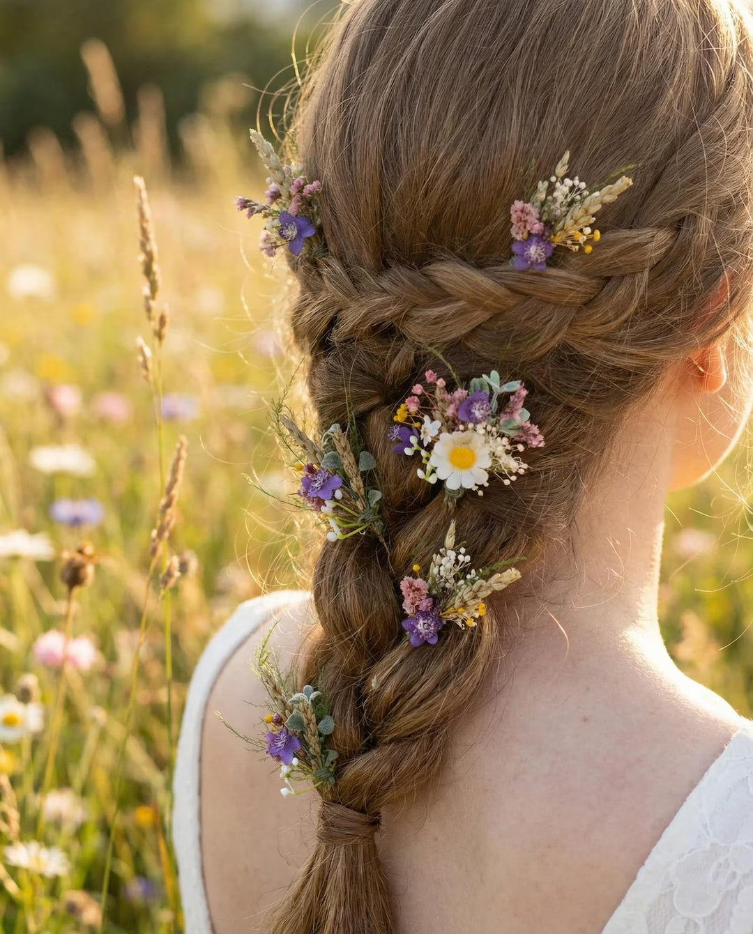 Haarspange mit Wildblumen, Gänseblümchen und Veilchen – Braut- und Brautjungfern-Haarschmuck