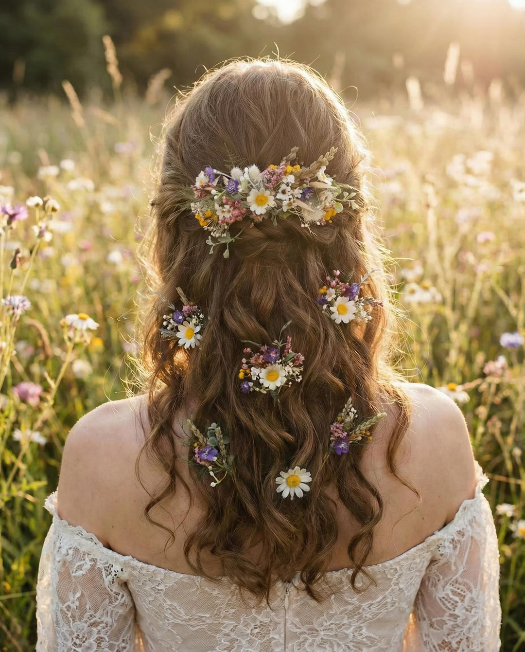 Haarspange mit Wildblumen, Gänseblümchen und Veilchen – Braut- und Brautjungfern-Haarschmuck
