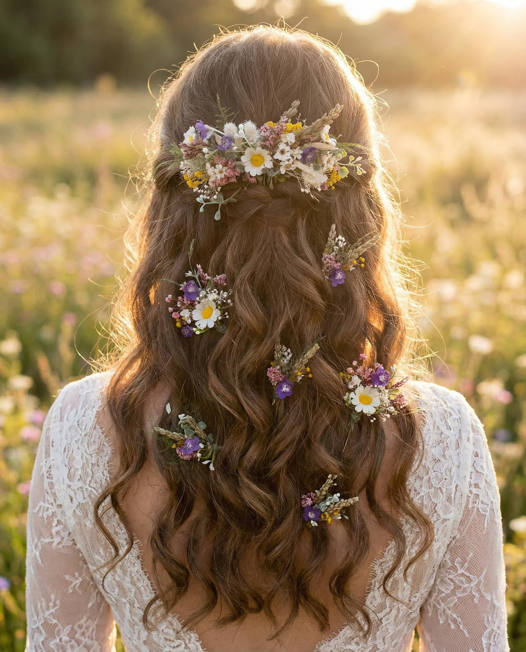 Haarspange mit Wildblumen, Gänseblümchen und Veilchen – Braut- und Brautjungfern-Haarschmuck