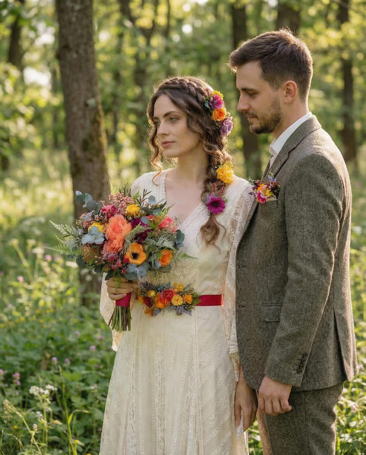 Frida Bridal Bouquet Set – Colorful Boho Wedding Flowers, Bridesmaid Bouquets, Boutonniere, Floral Belt