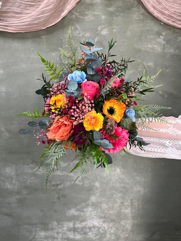 Frida Bridal Bouquet Set – Colorful Boho Wedding Flowers, Bridesmaid Bouquets, Boutonniere, Floral Belt