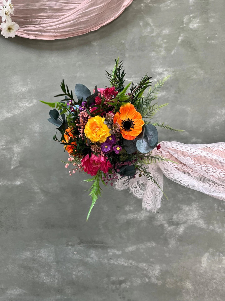 Frida Bridal Bouquet Set – Colorful Boho Wedding Flowers, Bridesmaid Bouquets, Boutonniere, Floral Belt – handmade floral hair accessory by magaela