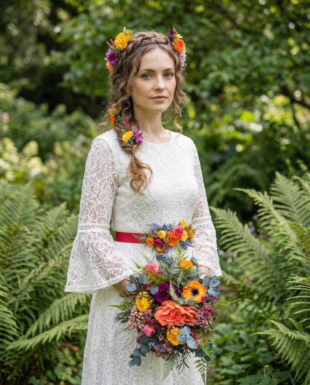 Frida Bridal Bouquet Set – Colorful Boho Wedding Flowers, Bridesmaid Bouquets, Boutonniere, Floral Belt – handmade floral hair accessory by magaela