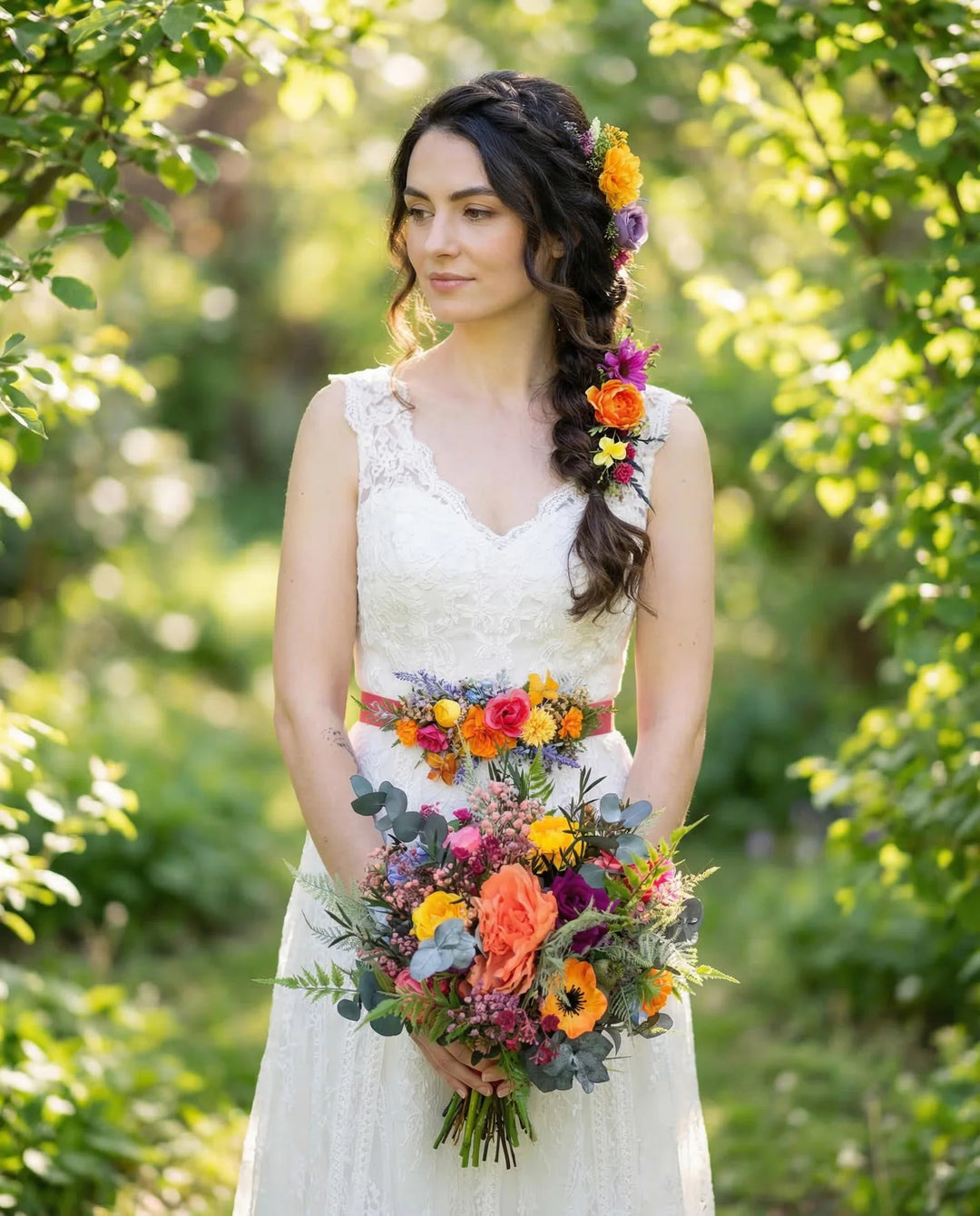 Frida Bridal Bouquet Set – Colorful Boho Wedding Flowers, Bridesmaid Bouquets, Boutonniere, Floral Belt – handmade floral hair accessory by magaela