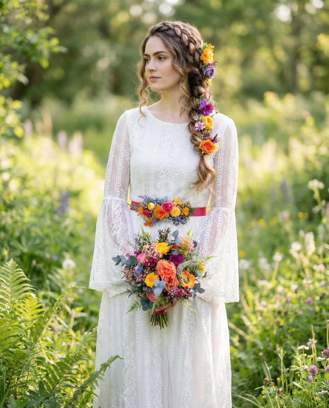 Frida Bridal Bouquet Set – Colorful Boho Wedding Flowers, Bridesmaid Bouquets, Boutonniere, Floral Belt