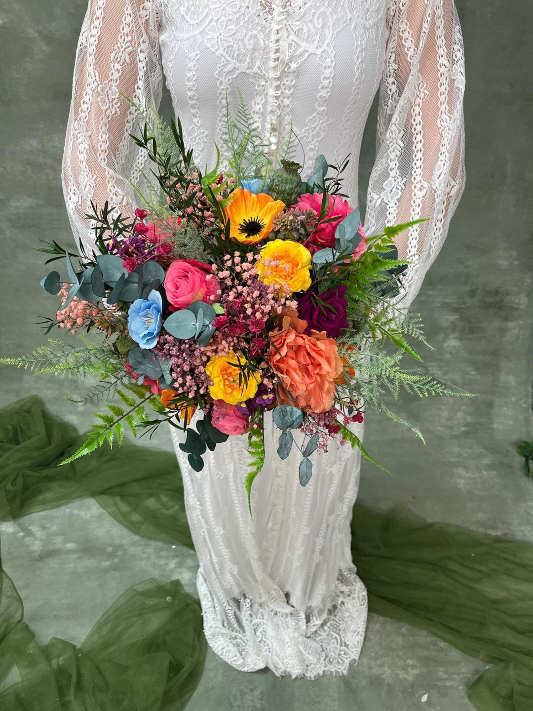 Frida Bridal Bouquet Set – Colorful Boho Wedding Flowers, Bridesmaid Bouquets, Boutonniere, Floral Belt – handmade floral hair accessory by magaela