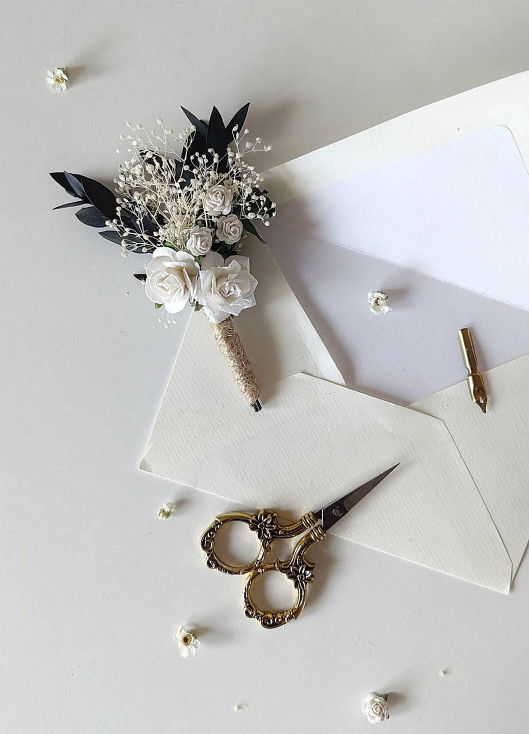 White Greenery Eucalyptus Bridal Set – Bouquet, Bridesmaid Bouquet, Hair Combs, Boutonnieres, Flower Crowns, Headband, Bracelet and Belt – handmade floral hair accessory by magaela