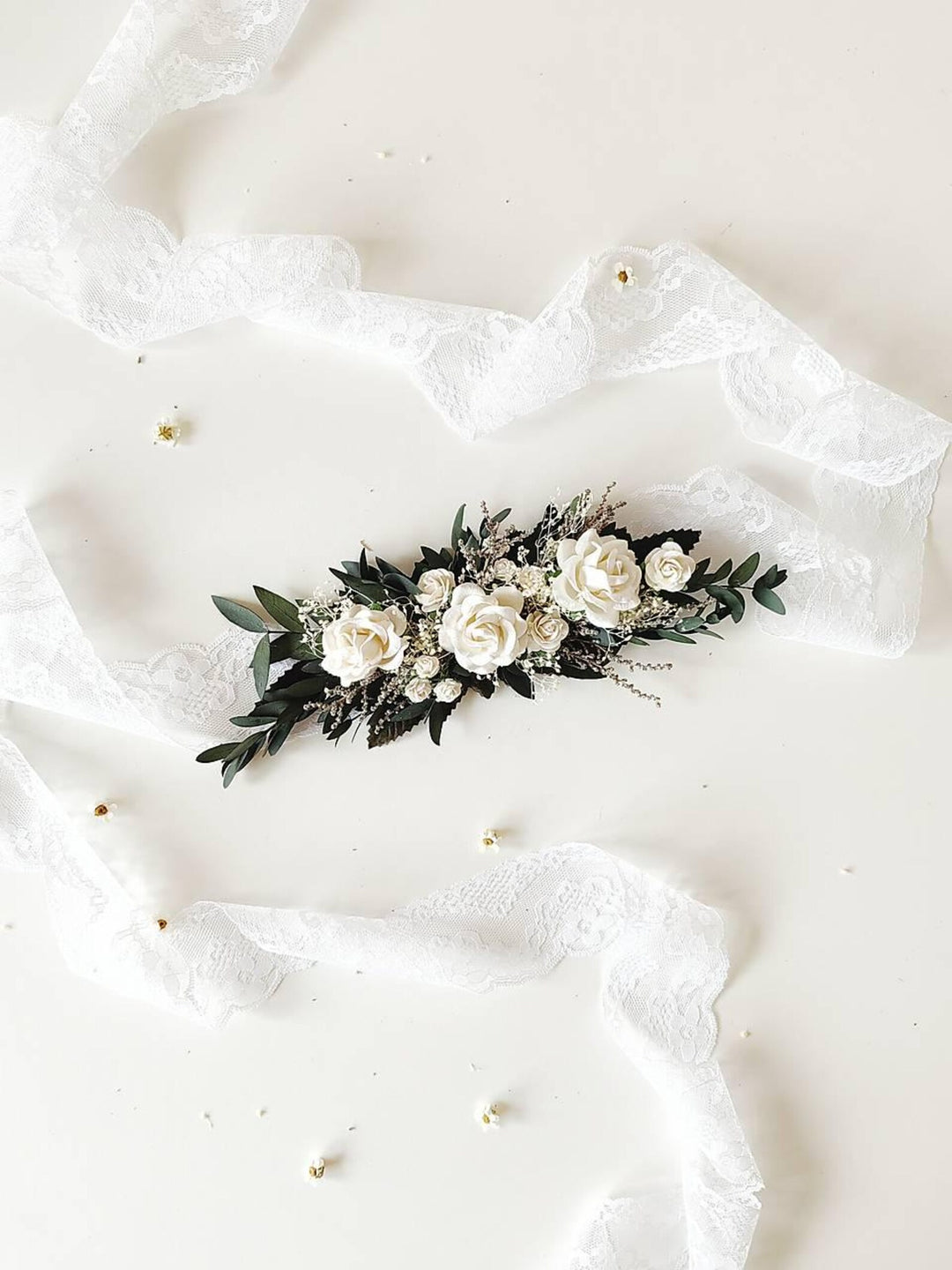 White Greenery Eucalyptus Bridal Set – Bouquet, Bridesmaid Bouquet, Hair Combs, Boutonnieres, Flower Crowns, Headband, Bracelet and Belt – handmade floral hair accessory by magaela