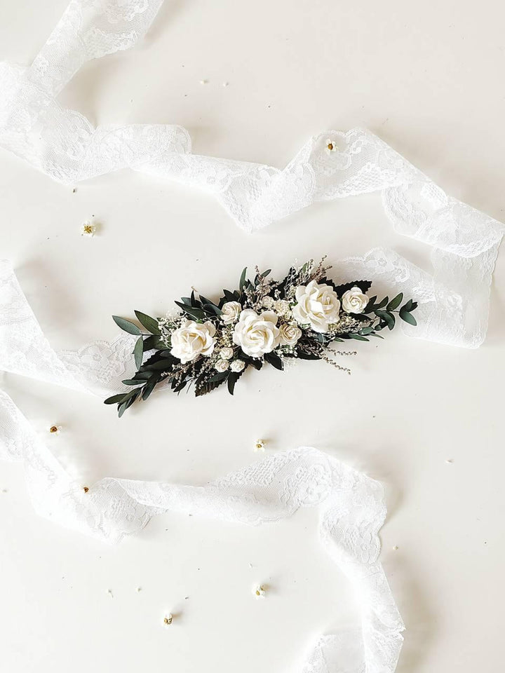 White Greenery Eucalyptus Bridal Set – Bouquet, Bridesmaid Bouquet, Hair Combs, Boutonnieres, Flower Crowns, Headband, Bracelet and Belt – handmade floral hair accessory by magaela