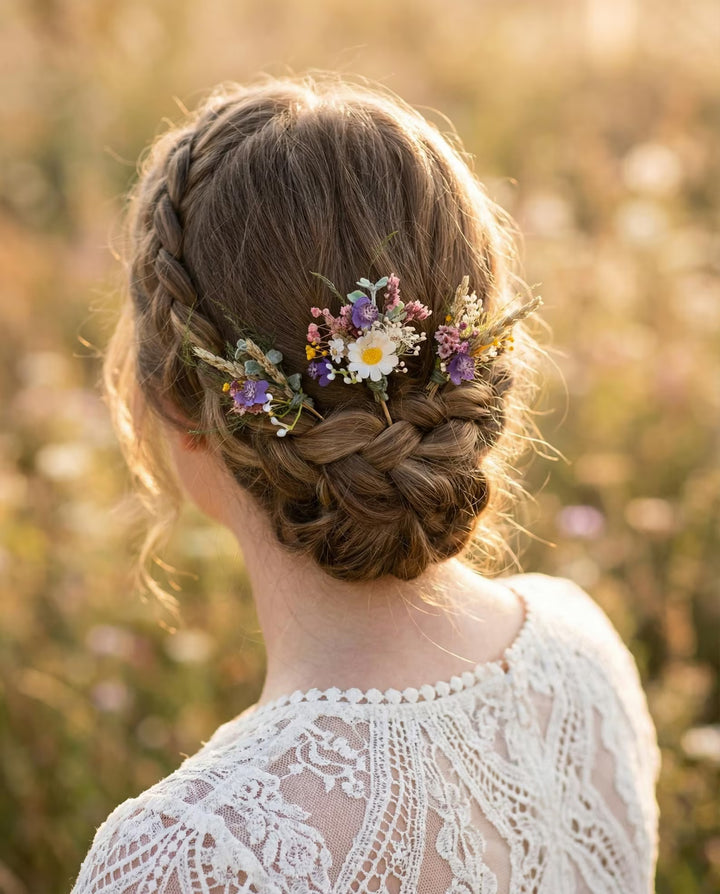 Haarspange mit Wildblumen, Gänseblümchen und Veilchen – Braut- und Brautjungfern-Haarschmuck