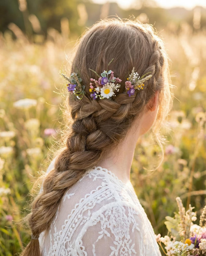 Haarspange mit Wildblumen, Gänseblümchen und Veilchen – Braut- und Brautjungfern-Haarschmuck
