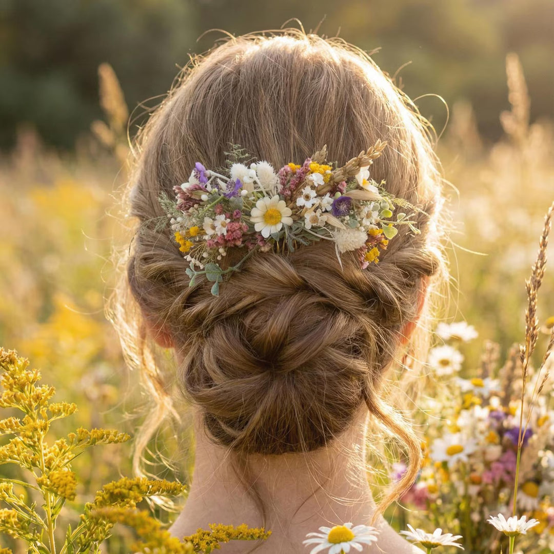 Woman with braided hair adorned with flowers in a field of wildflowers