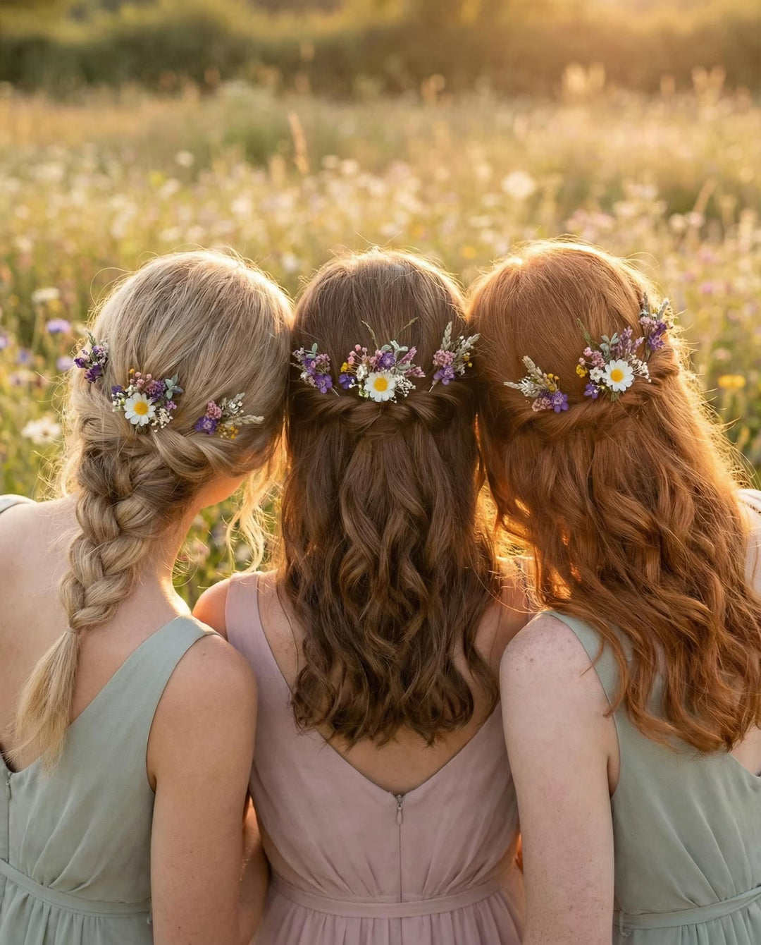 Haarspange mit Wildblumen, Gänseblümchen und Veilchen – Braut- und Brautjungfern-Haarschmuck
