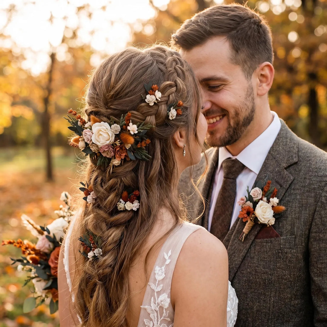 Terracotta Wedding Flower Set: Bridal Hair Comb & Boutonniere – handmade floral hair accessory by magaela