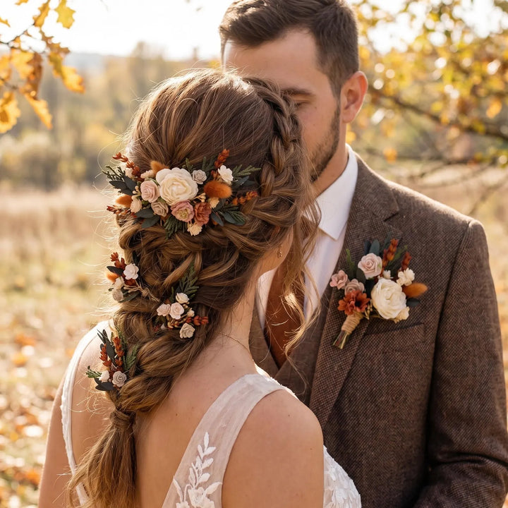Terracotta Wedding Flower Set: Bridal Hair Comb & Boutonniere – handmade floral hair accessory by magaela