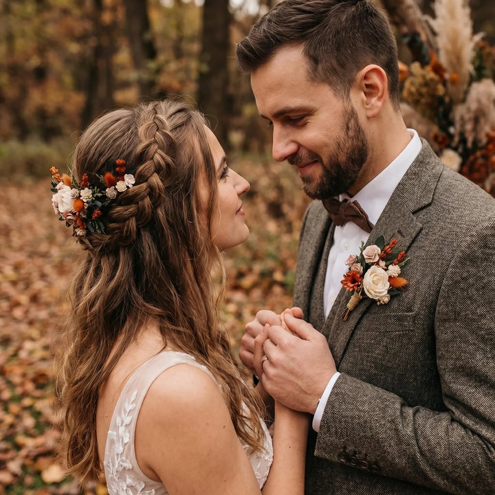 Terracotta Wedding Flower Set: Bridal Hair Comb & Boutonniere – handmade floral hair accessory by magaela