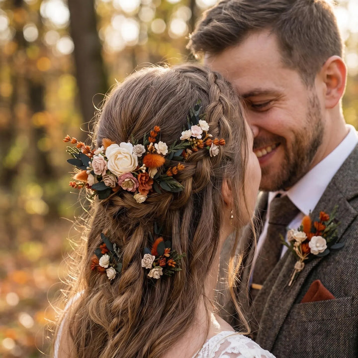 Terracotta Wedding Flower Set: Bridal Hair Comb & Boutonniere – handmade floral hair accessory by magaela