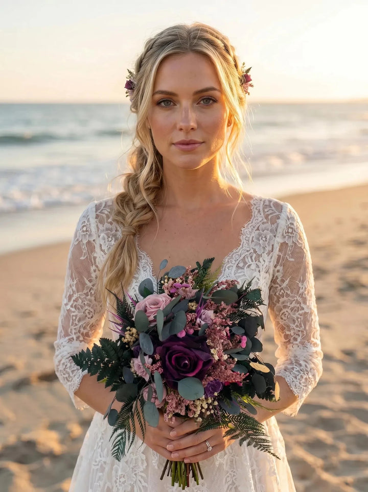 Purple Boho Bridal Bouquet: Fern and Roses with eucalyptus and fern - Garden Wedding – handmade floral hair accessory by magaela