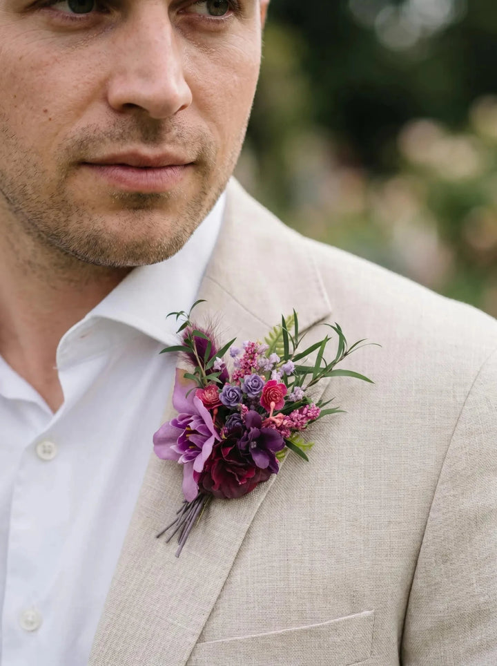 Purple and burgundy wedding flower set - bracelet, earrings in two sizes and boutonniere for groom – handmade floral hair accessory by magaela