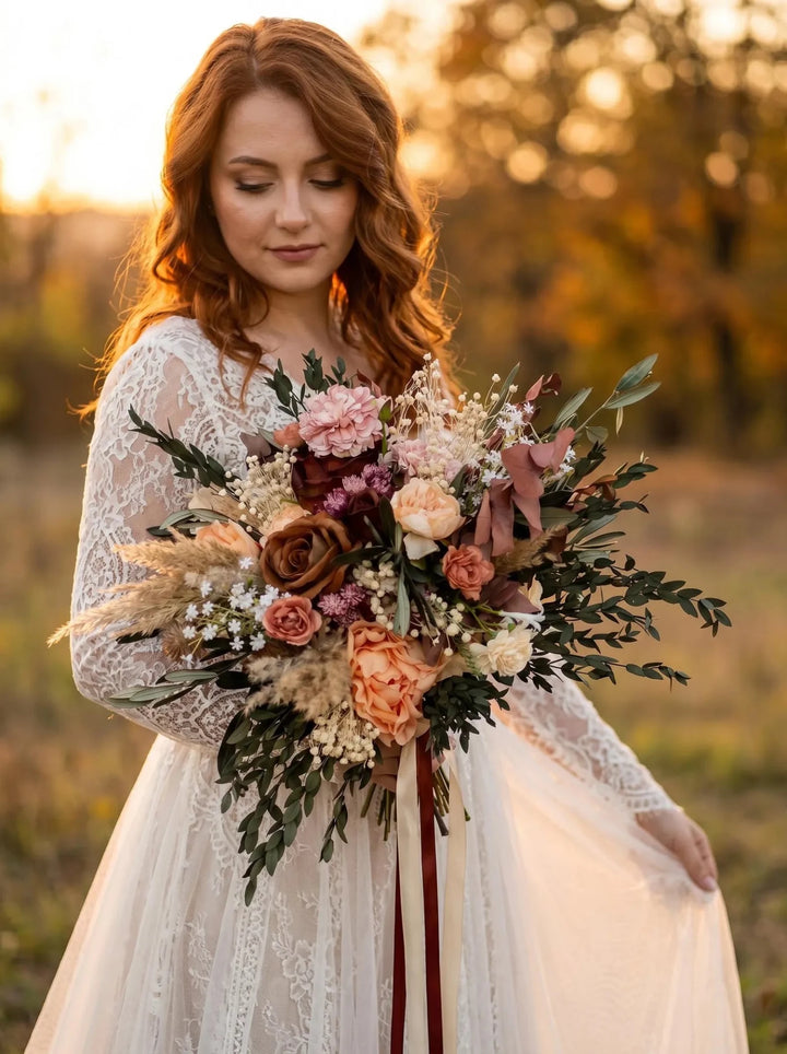 Rustic Boho Wedding Bouquet: Autumn Burgundy, Olive Leaves – handmade floral hair accessory by magaela