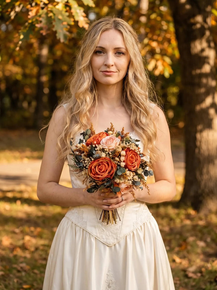 Terracotta Bridal Bouquet: Rustic Autumn Boho Wedding Flowers – handmade floral hair accessory by magaela