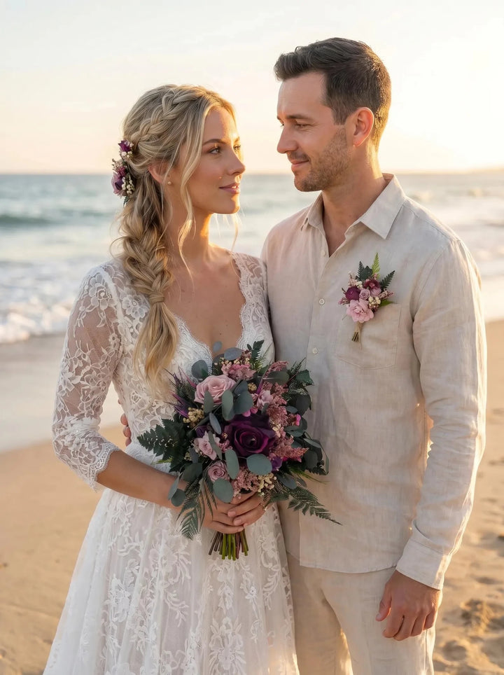 Purple Boho Bridal Bouquet: Fern and Roses with eucalyptus and fern - Garden Wedding – handmade floral hair accessory by magaela