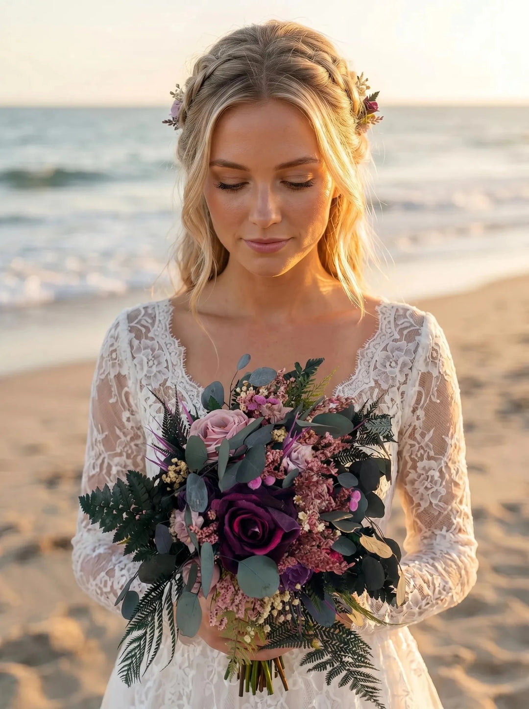 Purple Boho Bridal Bouquet: Fern and Roses with eucalyptus and fern - Garden Wedding – handmade floral hair accessory by magaela