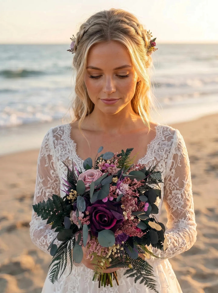 Purple Boho Bridal Bouquet: Fern and Roses with eucalyptus and fern - Garden Wedding – handmade floral hair accessory by magaela