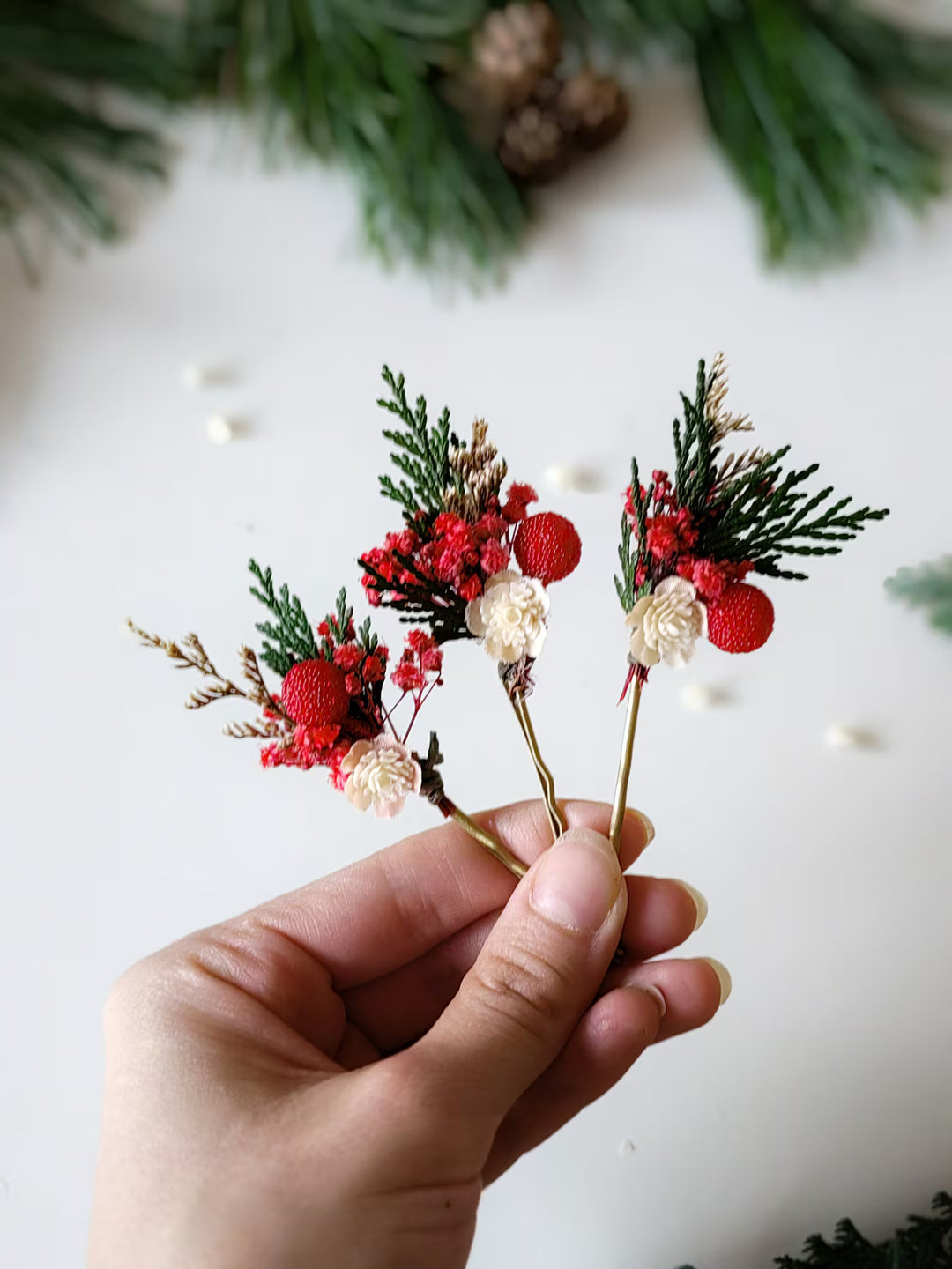 Red Berry Christmas Hairpins: Woodland Wedding Accessories