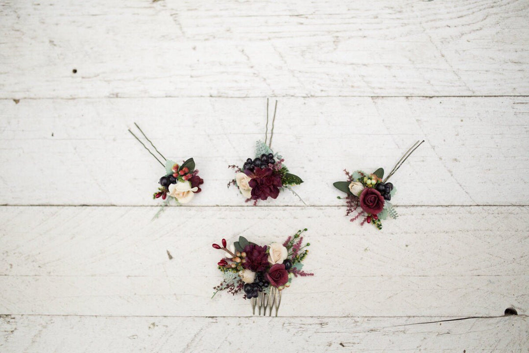 Burgundy Floral Mini Hair Comb: Woodland Wedding Accessory – handmade floral hair accessory by magaela