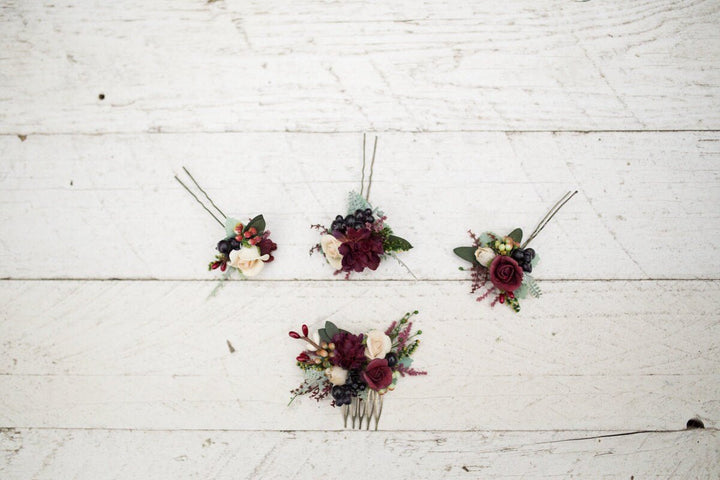 Burgundy Floral Mini Hair Comb: Woodland Wedding Accessory – handmade floral hair accessory by magaela