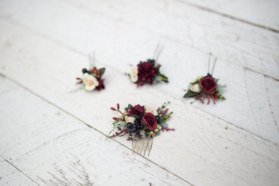 Burgundy Floral Mini Hair Comb: Woodland Wedding Accessory – handmade floral hair accessory by magaela