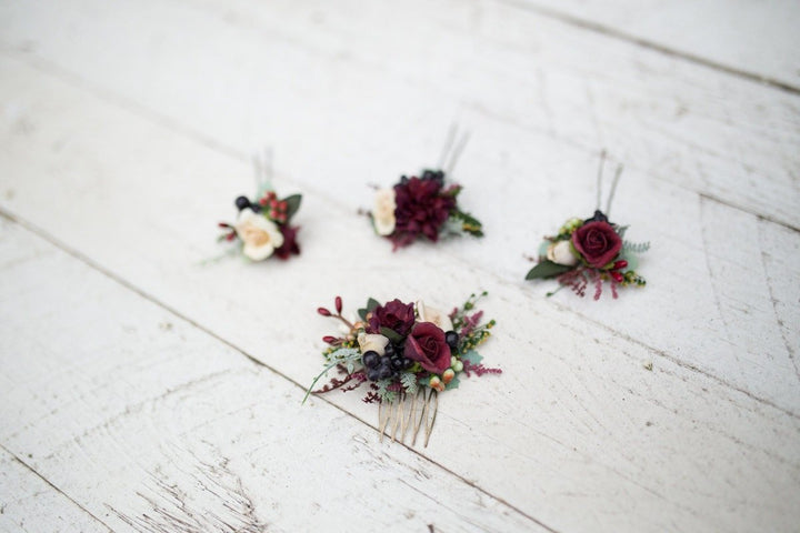 Burgundy Floral Mini Hair Comb: Woodland Wedding Accessory – handmade floral hair accessory by magaela