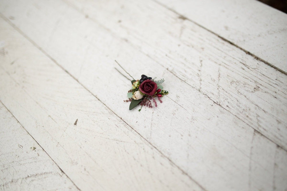Boho Burgundy Flower Hair Pin: Rustic Floral Headpiece – handmade floral hair accessory by magaela